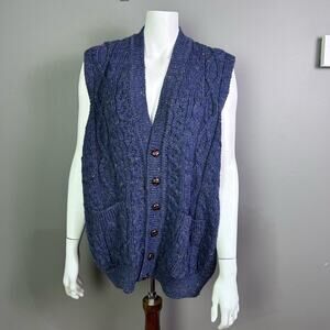 Aran Islands sweater vest women's XL grandpa cable knit blue Ireland tweed